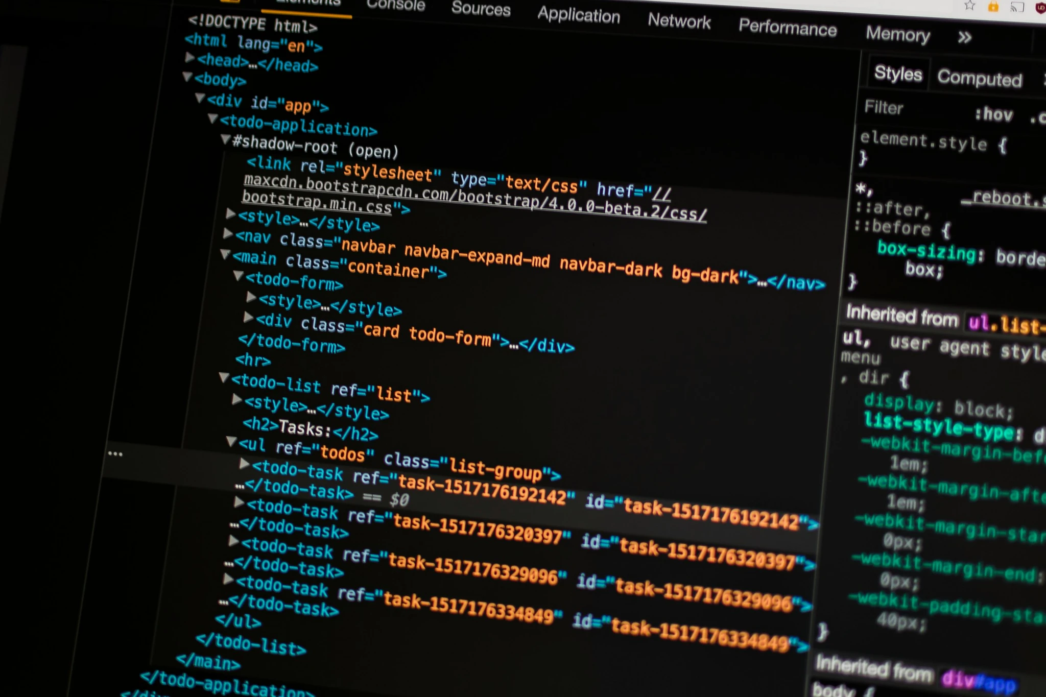 The shot of the Chrome DeveloperTools for a ToDo app done in WebComponents
